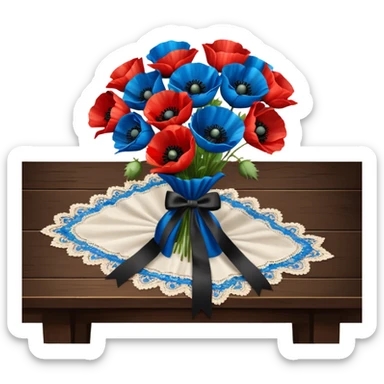 A very lush bouquet of bright blue and vivid red poppies black satin ribbon, resting on an antique wooden table, with an off white lace pattern table cloth sticker