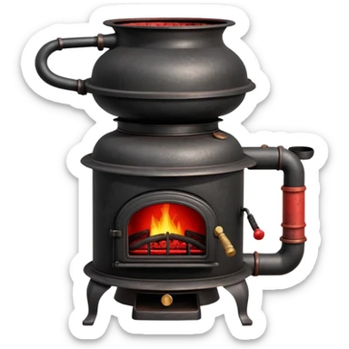 Vintage pot-belly coal stove from early 1900s with chimney pipe, rustic black iron with red glowing coals inside sticker