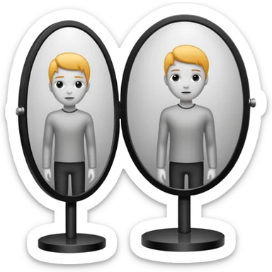 Minimalist emoji-style sticker of a person standing before a mirror, but the reflection is moving differently. Black and gray icon.
 sticker
