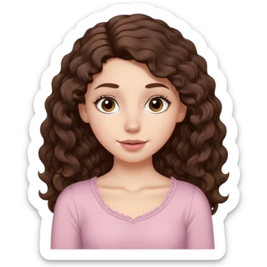 Aesthetic white girl with really long wavy/curly hair color dark brown, hair most be in front of the shoulders (hair in front of the shoulders). Big almond shape eyes color brown, small wide nose, natural lips, sweet expression. Dressed with a cute tight top color light pink. sticker