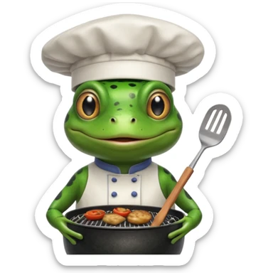create a weber grill with frog whos wearing chefs hat and cooking on bq sticker