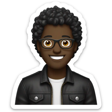 programmer, with dark skin (not so dark), square glasses, wavy hair, wearing a black leather jacket and smiling (show teeth.) sticker