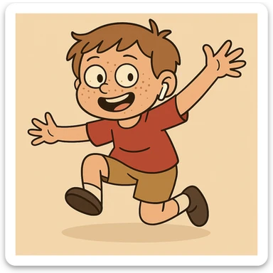 Add freckles to the boy's face and one AirPod in his right ear, keep the cartoon style consistent with flat toon style. sticker