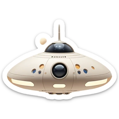 Design a simple, semi-realistic spaceship centered in the frame, with a clean and minimalistic design. The ship should have a smooth, rounded shape with a few subtle mechanical details, like small thrusters or panels, but avoid overly complex or advanced features. Add a 'face' to the front of the ship using basic shapes, such as two circular lights for 'eyes' and a curved line or pattern for a 'smile,' giving it a friendly and approachable personality. The design should feel functional yet charming, as if the ship has its own character or consciousness. The background should be outer space, with a few stars and a simple planet or moon to keep the focus on the ship. Use soft lighting to highlight the ship's 'face' and give it a warm, inviting feel. sticker