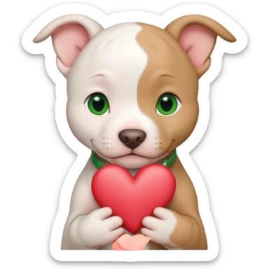 White and tan pitbull puppy with green eyes and cropped ears holding a heart sticker