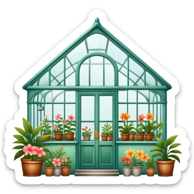 Outside view of an aesthetically pleasing, vintage greenhouse filled with knickknacks and tropical flowers sticker