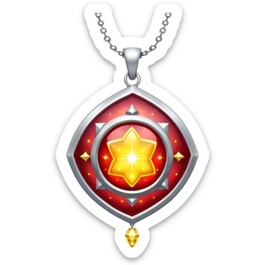 cosmic talisman: red-yellow glowing pendant, liquid silver chain, stardust particles sticker