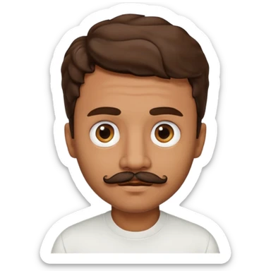Make a short brown man with a mustache below the nose and on the chin, big eyes, a small mouth, wavy hair, and a white shirt. sticker