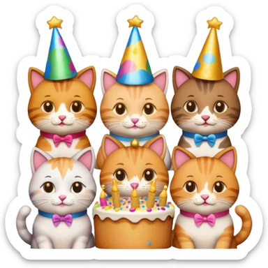 six cats toasting with beer at a 40th birthday party, cake and confetti, emoji style sticker