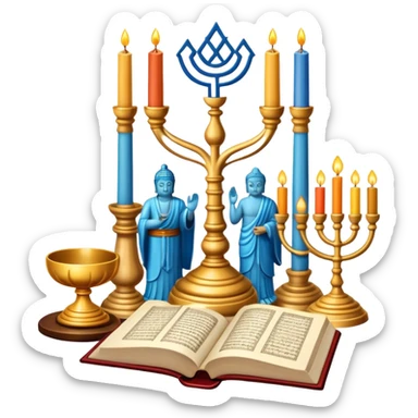 An icon featuring a Torah scroll, Menorah, Bible, Orthodox cross, Quran, and a Buddha statue, symbolizing the study of religions. The design includes diverse religious symbols arranged harmoniously, representing global faiths and spiritual practices. Transparent background sticker