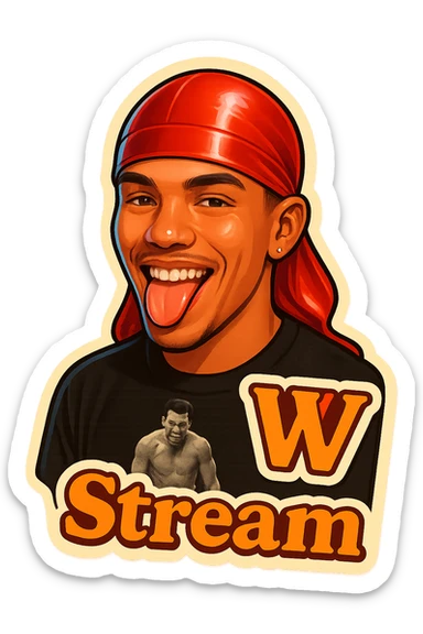 Make him Smiling with tongue sticking 
Change His durag To Red
Add the words W Stream sticker
