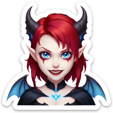 extremely diabolical girl with demonic bat wings, blood red hair, glowing blue eyes, black hellfire aura, sharp horns, evil grin sticker