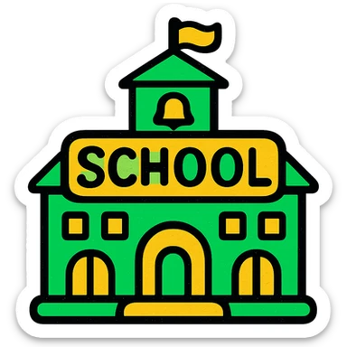 school building, professional style, green gold and white color scheme, bold and clear, suitable for digital use sticker