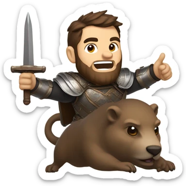 Confident armored White Man with dark brown hair and a short beard pointing forward with one arm holding a sword and yelling a battle charge while riding on the back of a giant groundhog sticker