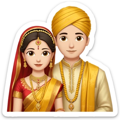 
A yellow sacred thread with two small gold pendants being tied around a bride's neck. The groom's hands are tying the knot while traditional Indian wedding elements like flowers and decorative details are visible in the background. Warm, ceremonial aesthetic. sticker