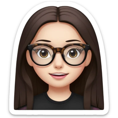 Girl with dark straight long hair, divided in the middle hairstyle, white skin, black eyes, wearing black shirt and tortoise framed glasses. The mounth is light old pink, with light smile with no teeth. sticker