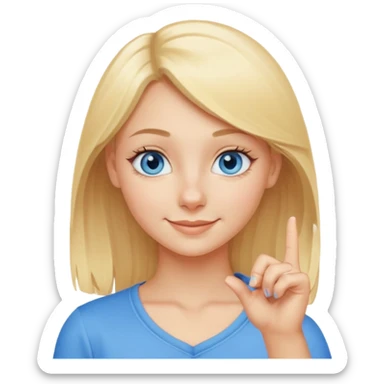 a blond girl with blue eyes putting a finger on the tip of the nose sticker