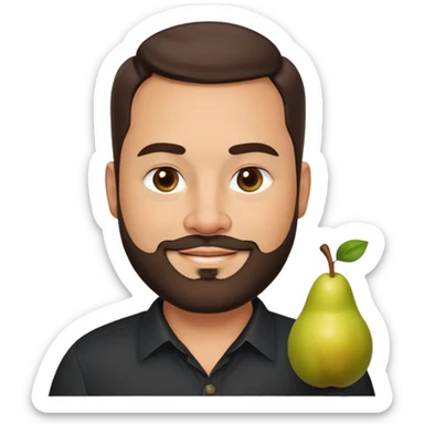 Very stocky businessman in his 40s with light brown skin, pear-shaped face, full cheeks, warm friendly smile, kind welcoming eyes, thick eyebrows, wide nose, short full beard, short dark hair, wearing a black button-up shirt sticker