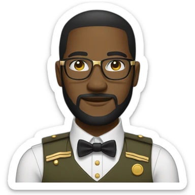 black soldier with beard, part in black hair, white collared shirt, bow tie, gold frame glasses, bulletproof vest  sticker