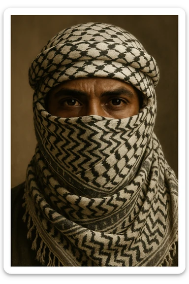 A brown man with a Palestinian scarf (keffiyeh) wrapped around his entire face, leaving only the eyes visible, traditional Palestinian style sticker