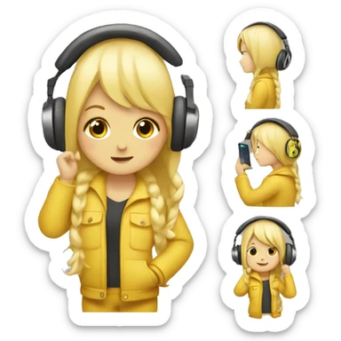 Yellow girl with headphones on holding the headphones ￼￼ sticker