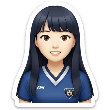 East Asian woman with long black straight hair and bangs wearing navy and white Doosan Bears team colors, cheering sticker