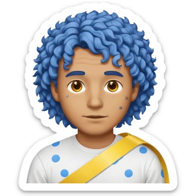Make me an emoji that has a guy with a white shirt and yellow tape around the shirt with brown and blue spots hair make the hair curly make the yellow tape go around it sticker
