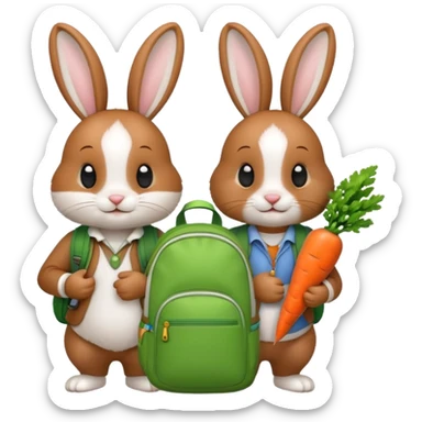  Two bunny brown & white, bunny with a green backpack, holding a carrot sticker