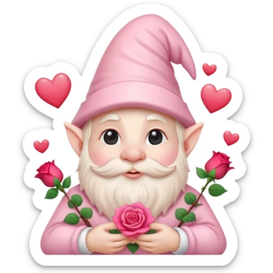 An adorable little pale pink Valentine’s Day style gnome with a rose and hearts in the background sticker