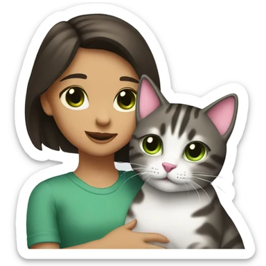 A girl with dark brown hair stands with her back and hugs a gray tabby cat with a pink nose and green eyes. sticker