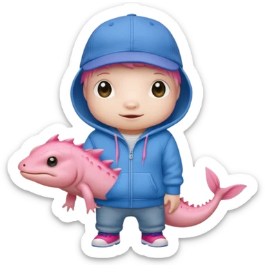 An anthropomorphic. Axolotl with a hoodie and a baseball cap with blue jeans. sticker