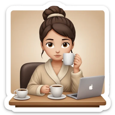A brunette girl with a bun as hairstyle, with dark brown eyes, dark circles under eyes, tired, sad face, with a mug of coffee in one hand and sitting in front of a computer, wearing a soft fluffy beige robe sticker