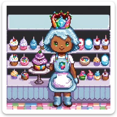 A playful baker in a pastel-pink candy lab. Walls of bubblegum bricks, frosting-covered counters, and a cupcake-shaped oven. The baker wears a gummy bear-studded apron, marshmallow gloves, and a rock candy crown. UI elements look like melting lollipops, candy cane sliders, and syrupy transitions. sticker