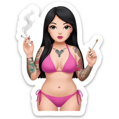 caucasian curvy body girl, with tattoos, in pink bikini, smoke, with a long straight black hair  sticker
