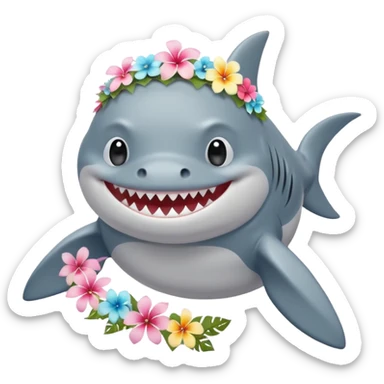 A cute chubby shark with hawaii pastel flower necklace and hawaiian flower crown, posing proudly. sticker