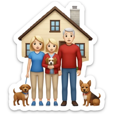 a mom and dad standing in front of a house with their son and a dog next to them (1 dog) and 1 SON not daughter the son should be very short sticker