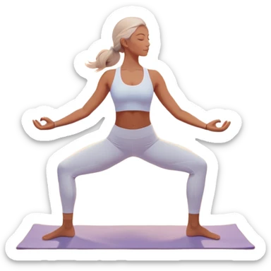 A peaceful person practicing yoga on a calm beach at sunrise, in a serene meditative pose. Soft pastel colors surround the scene, with gentle waves in the background and smooth, flowing lines representing balance and tranquility. The atmosphere feels centered and mindful. sticker