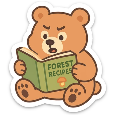 chubby bear reading a forest recipe book, muted warm tones, pastel-toon style sticker