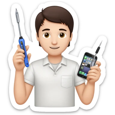 make a white guy with dark brown hair, with a simple white o grey shirt, repairing an iphone happy, tecnician with tools sticker