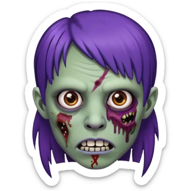 Quero uma zumbi com franja vegana piercing na sombrancelha no lado esquerdo e na boca e no nariz no lado direito cabelo castanho/preto com mechas roxas sticker