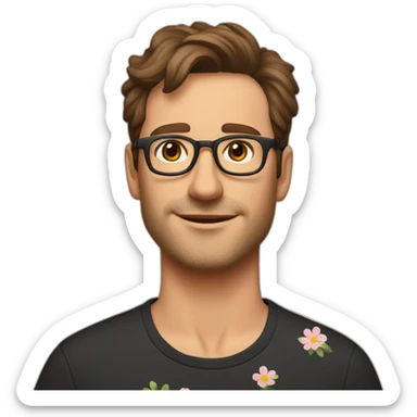 german guy with short brown hair up unshaved wearing glasses and dark t-shirt with flowers print sticker