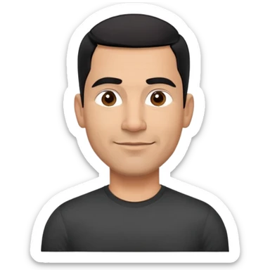 Athletic Hispanic man in his 40s-50s with light brown skin, very short black hair with low fade haircut, square face with strong jawline, thick straight eyebrows, wide straight nose, medium lips with confident smile, broad shoulders, wearing black fitted t-shirt sticker