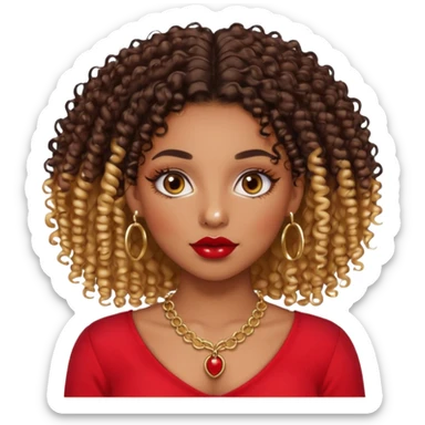 a light skinned black girl with 3b curly hair chocolate color eyelash extension ombre lips with gloss and red blouse gold nose ring piercing and gold septum piercing and gold necklace sticker