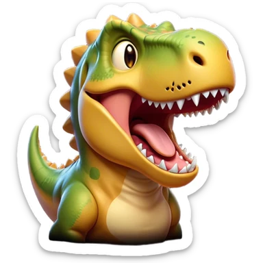 Cinematic Cute Yawning T-rex Portrait Emoji, Head tilted slightly with a dramatic, wide-open yawn, showcasing a robust, muscular form with a slightly open mouth revealing powerful jaws and sleepy, half-closed eyes, Simplified yet irresistibly adorable features, highly detailed, glowing with a soft, cozy prehistoric glow, high shine, relaxed yet expressive, stylized with a hint of whimsical ancient ease, soft glowing outline, capturing the essence of a drowsy yet affectionate T-rex that appears ready to stretch and yawn its way out of the screen! sticker