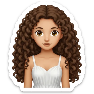 Light tanned skin girl with dark brown very long curly hair, dark eyes, white dress sticker