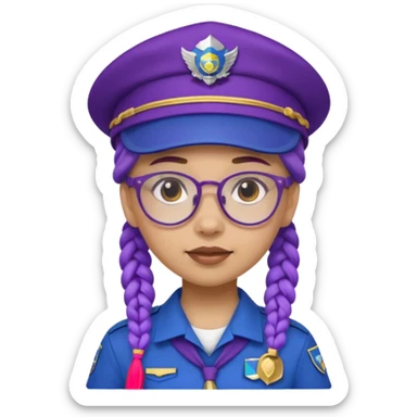 blue uniform wearing scout kid with purple braids and glassess with blue scout hat sticker