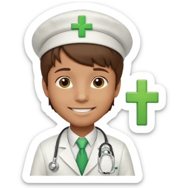 a doctor in white suit with a doctor hat with green cross brown hair boy sticker