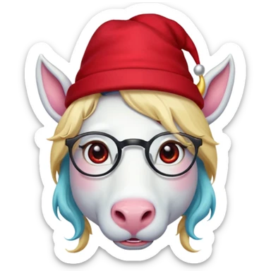 unicorn face cute wearing cute red hat, horn piercing through the hat looking in the camera, blond hair and spectacled sticker