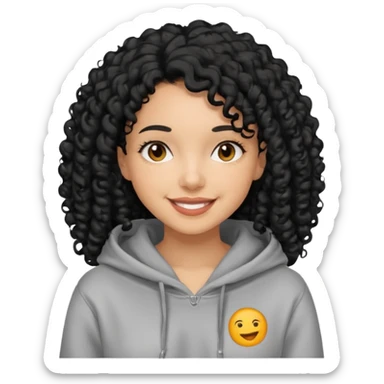 A women with a black curly hair who wear a hoodie and that hoodie have a some smorf sticker