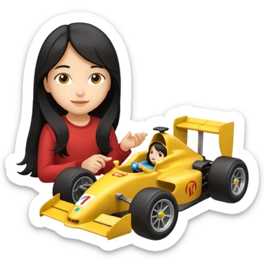 black long black haired girl kid playing yellow colored formula 1 car toy sticker